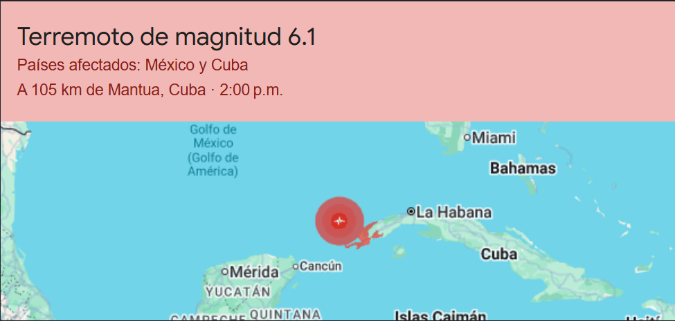 Mapa del sismo de magnitud 6,1 registrado cerca de Cuba y percibido en México