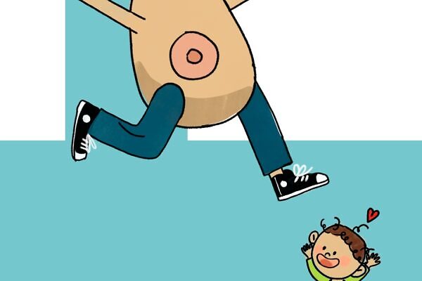 Sostener la casa con la teta afuera Ilustración de un pecho con brazos y piernas corriendo mientras un bebé intenta alcanzarlo, una representación de la lactancia materna y las exigencias de la maternidad.