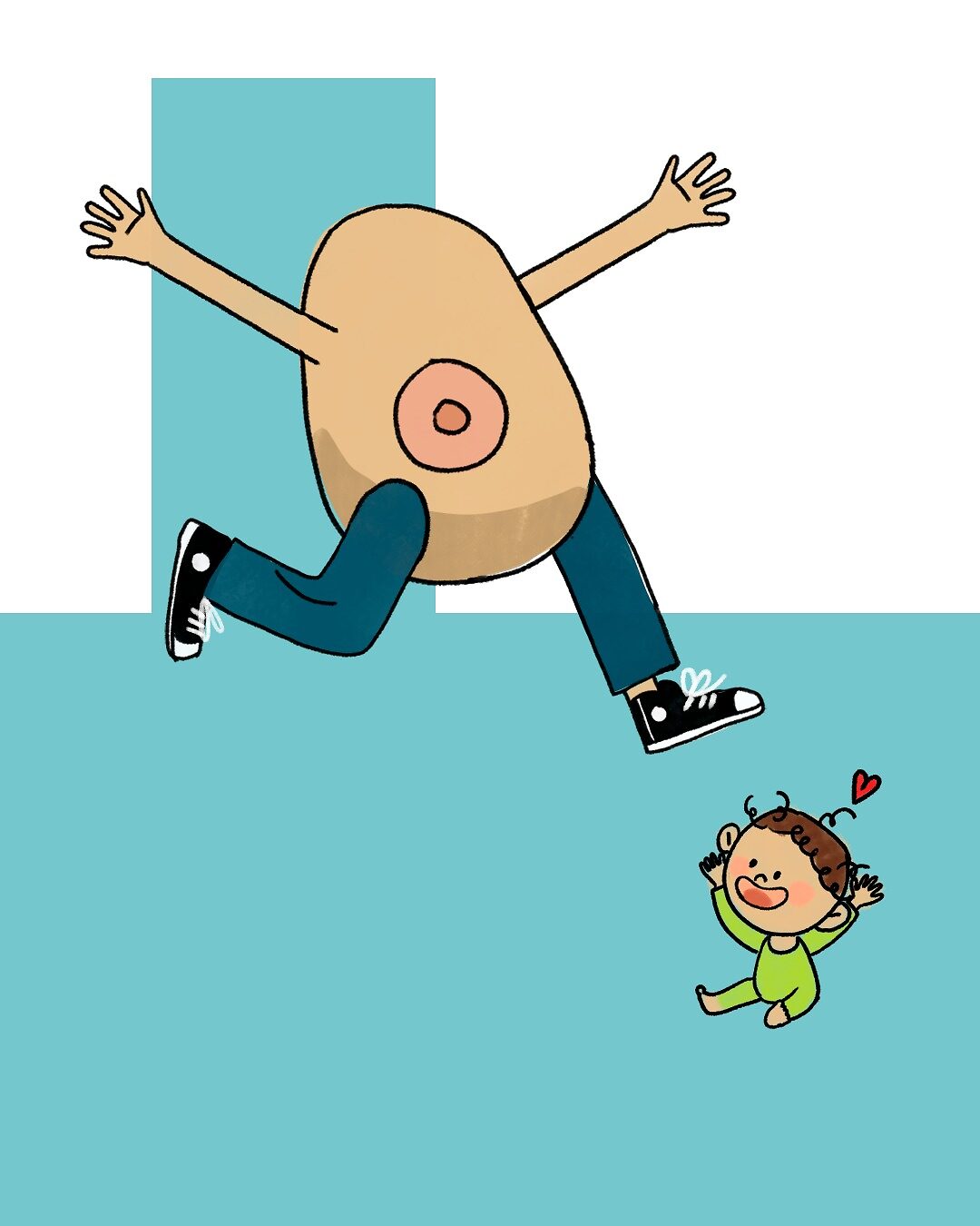 Ilustración de un pecho con brazos y piernas corriendo mientras un bebé intenta alcanzarlo, una representación de la lactancia materna y las exigencias de la maternidad.