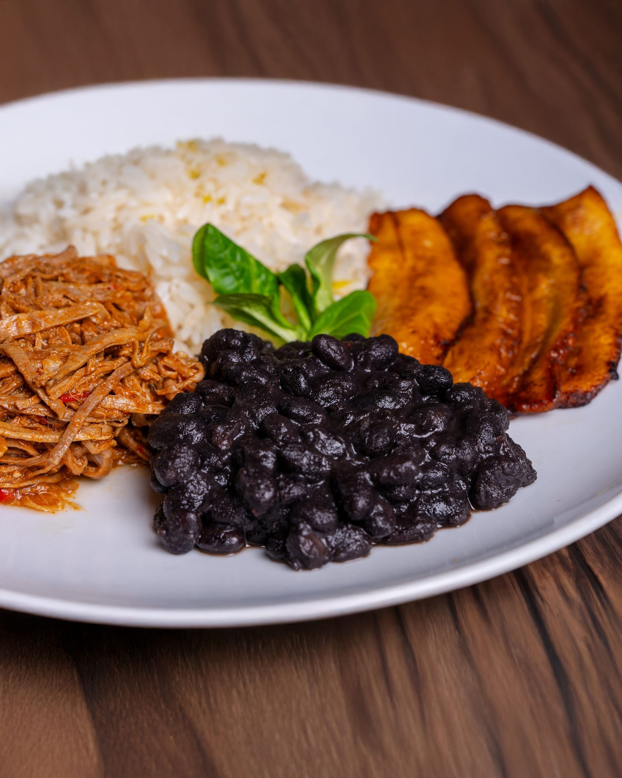 plato con caraotas, carne desmechada, platano y arroz