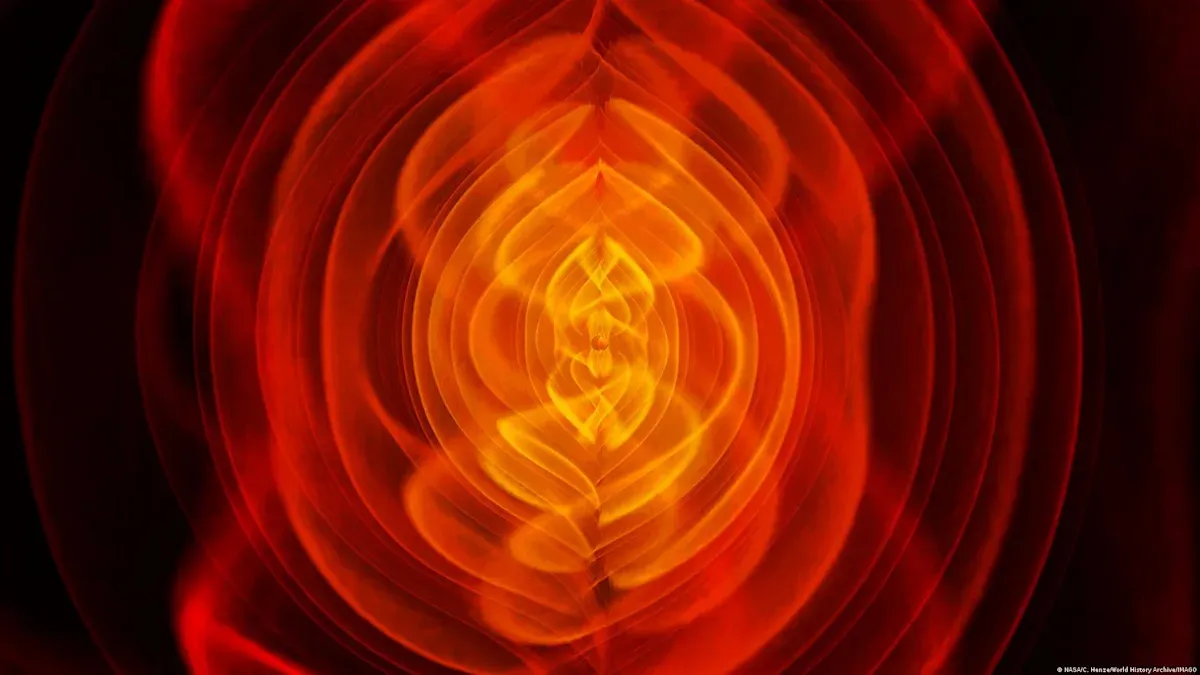 Visualización abstracta de ondas de energía en tonos rojos y amarillos, relacionada con la gravedad y la física cuántica.