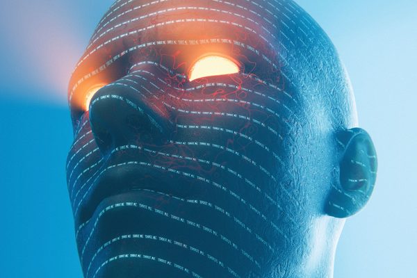 Un retrato de un robot con inteligencia artificial de inspiración ciberpunk, con ojos brillantes, que exhibe una estética de ciencia ficción y conceptos futuristas.